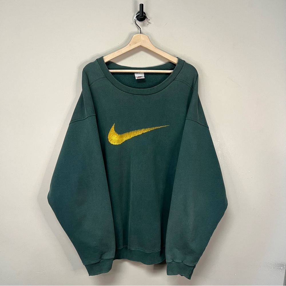 VINTAGE 90s Nike Sweatshirt Green with Yellow Swoosh